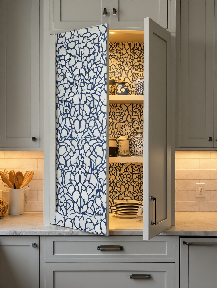 Interior cabinet wallpaper visible inside a kitchen cabinet door