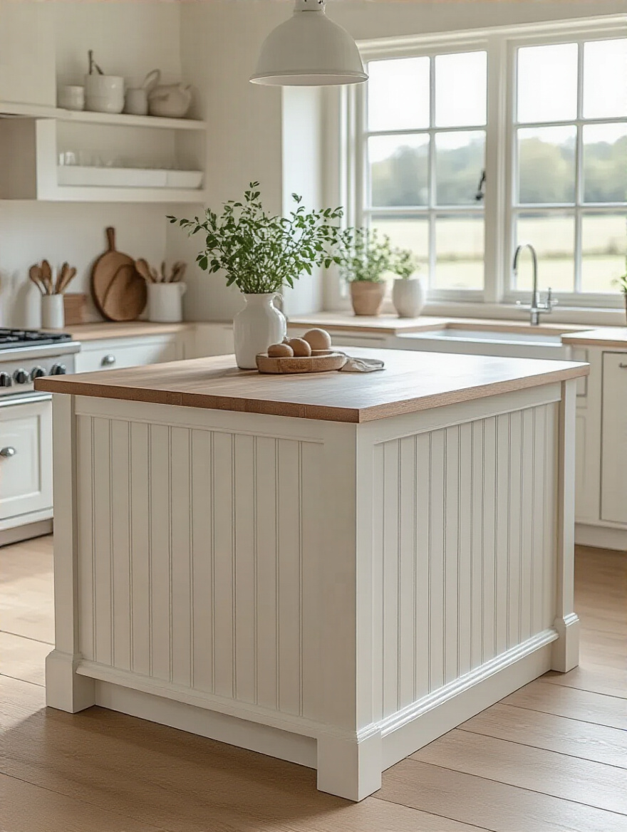 Farmhouse kitchen island base with white vertical shiplap paneling for added architectural detail and rustic charm.