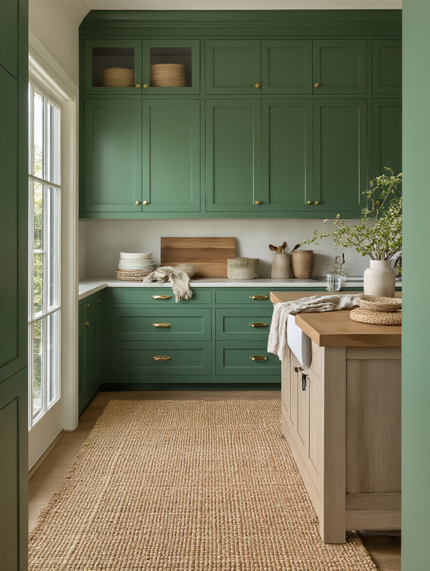 Portrait of a modern kitchen with emerald green cabinets, layered textiles, and a woven rug
