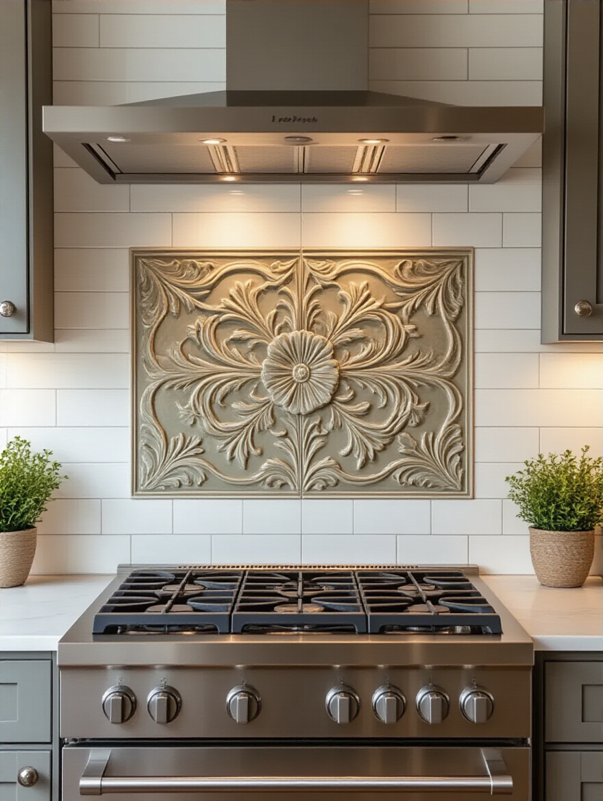 Modern kitchen backsplash with a detailed botanical relief pattern acting as a decorative accent behind a sleek range, adding personalized flair.