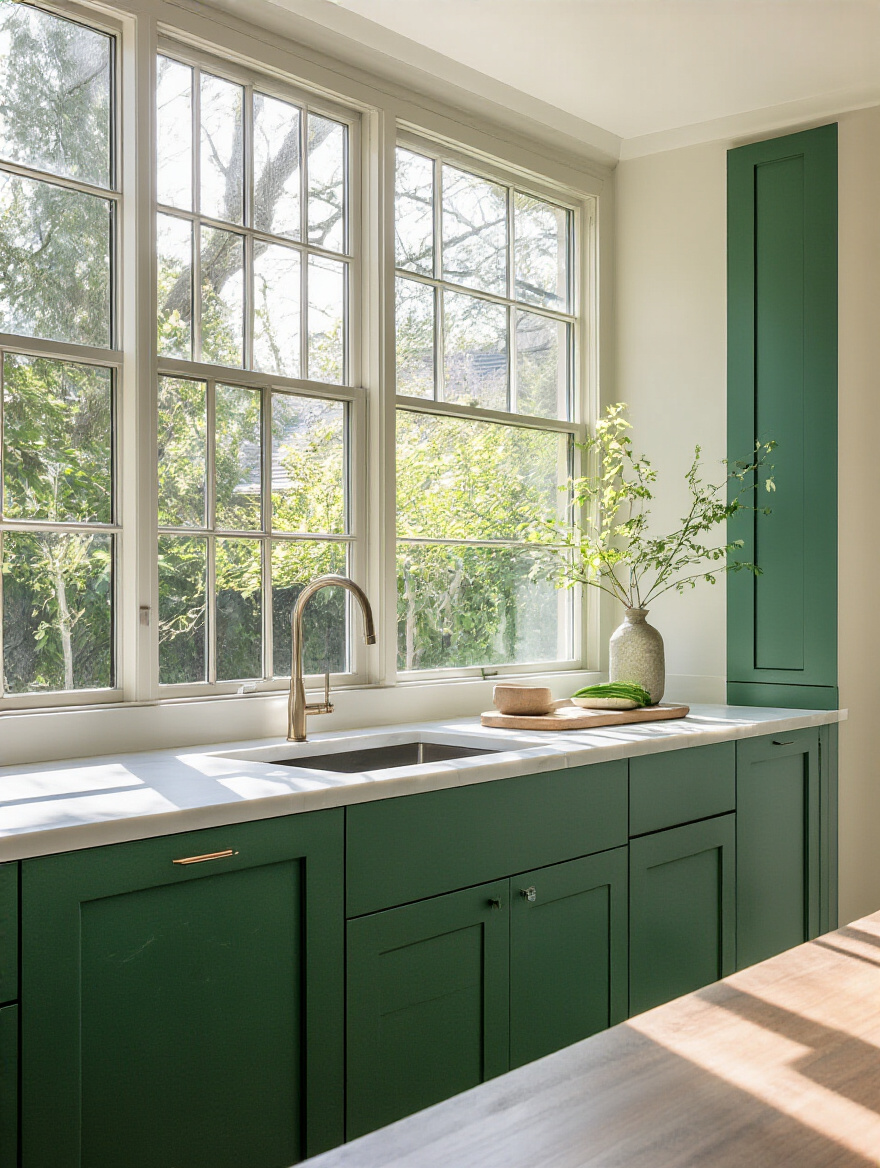 Vertical shot of a green kitchen cabinet with a scratch being touched up