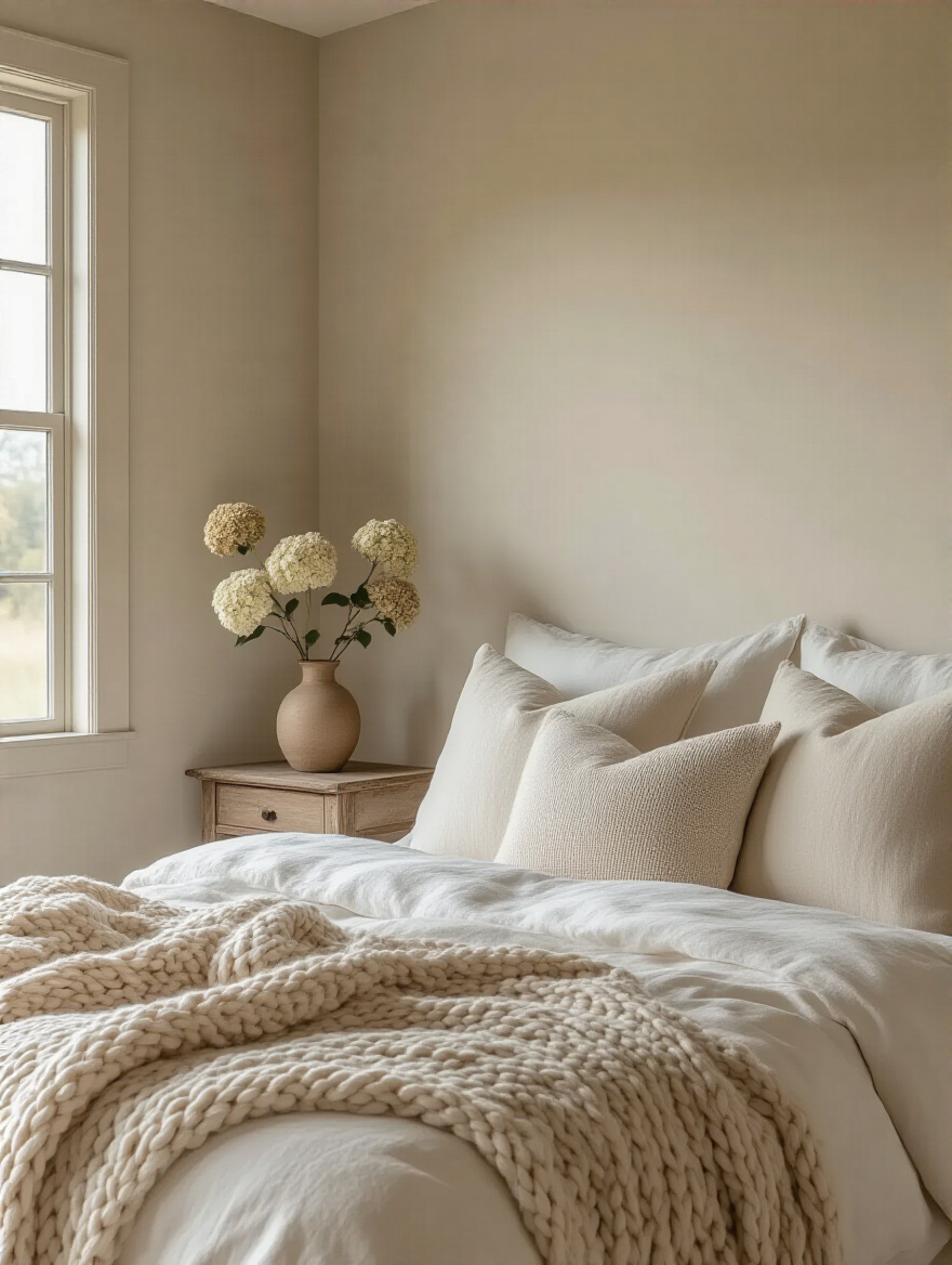 Farmhouse bedroom with warm greige walls, layered neutral bedding, natural wood nightstand, and soft natural light.