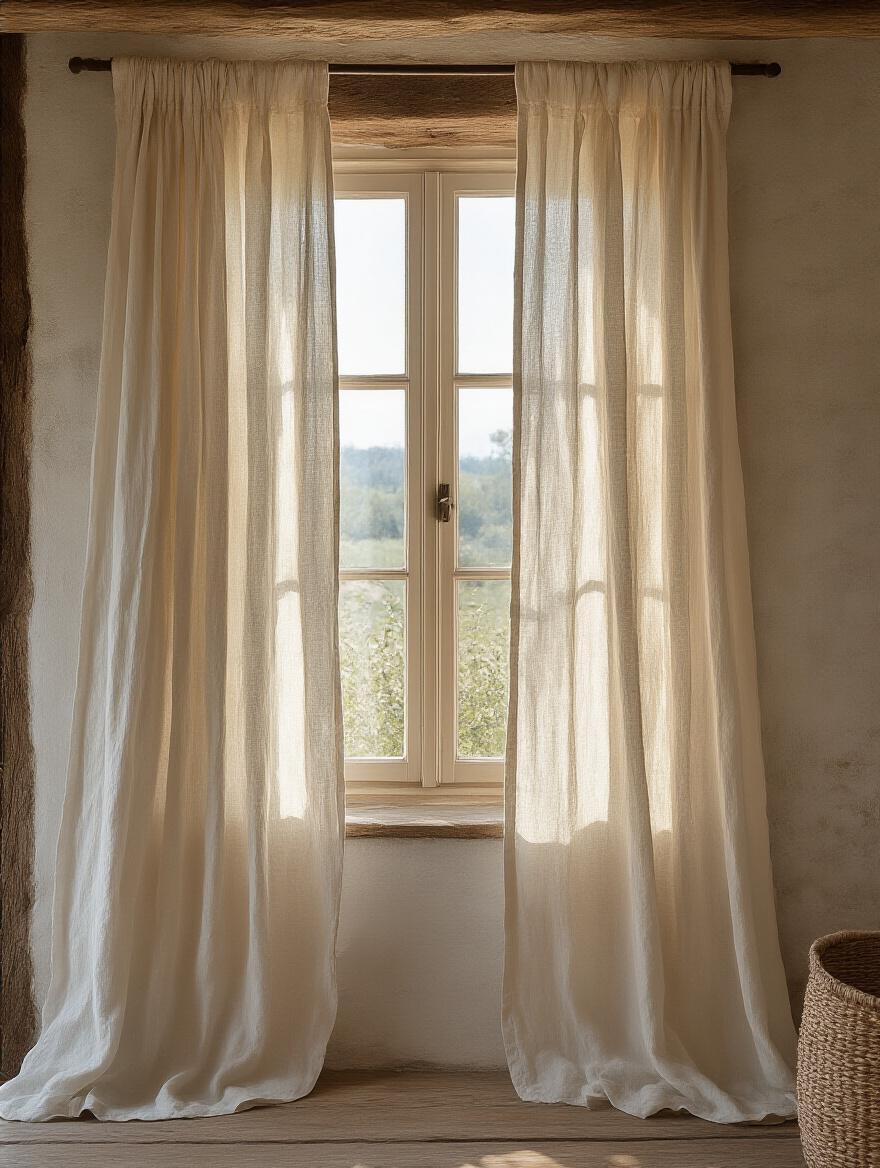 Portrait view of a rustic bedroom window adorned with natural, simple cotton curtains, letting in soft filtered light.