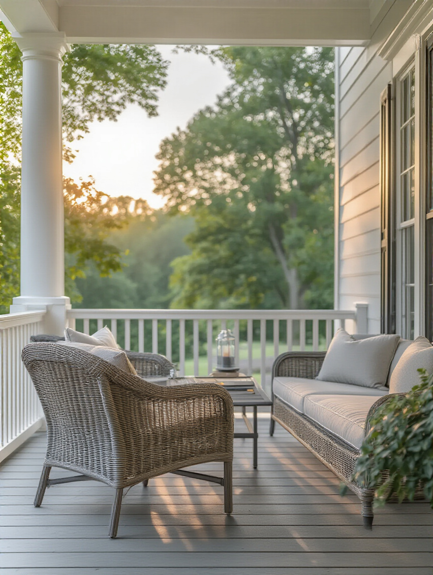 A stylish porch featuring durable, weather-resistant furniture made for various climates, emphasizing longevity and resilience.