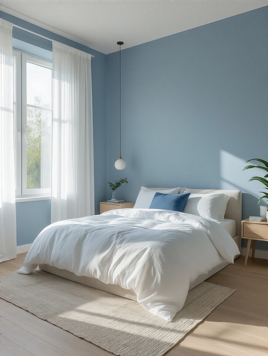 Portrait of a serene blue bedroom illuminated by natural light, showcasing tranquil blue walls and minimal decor
