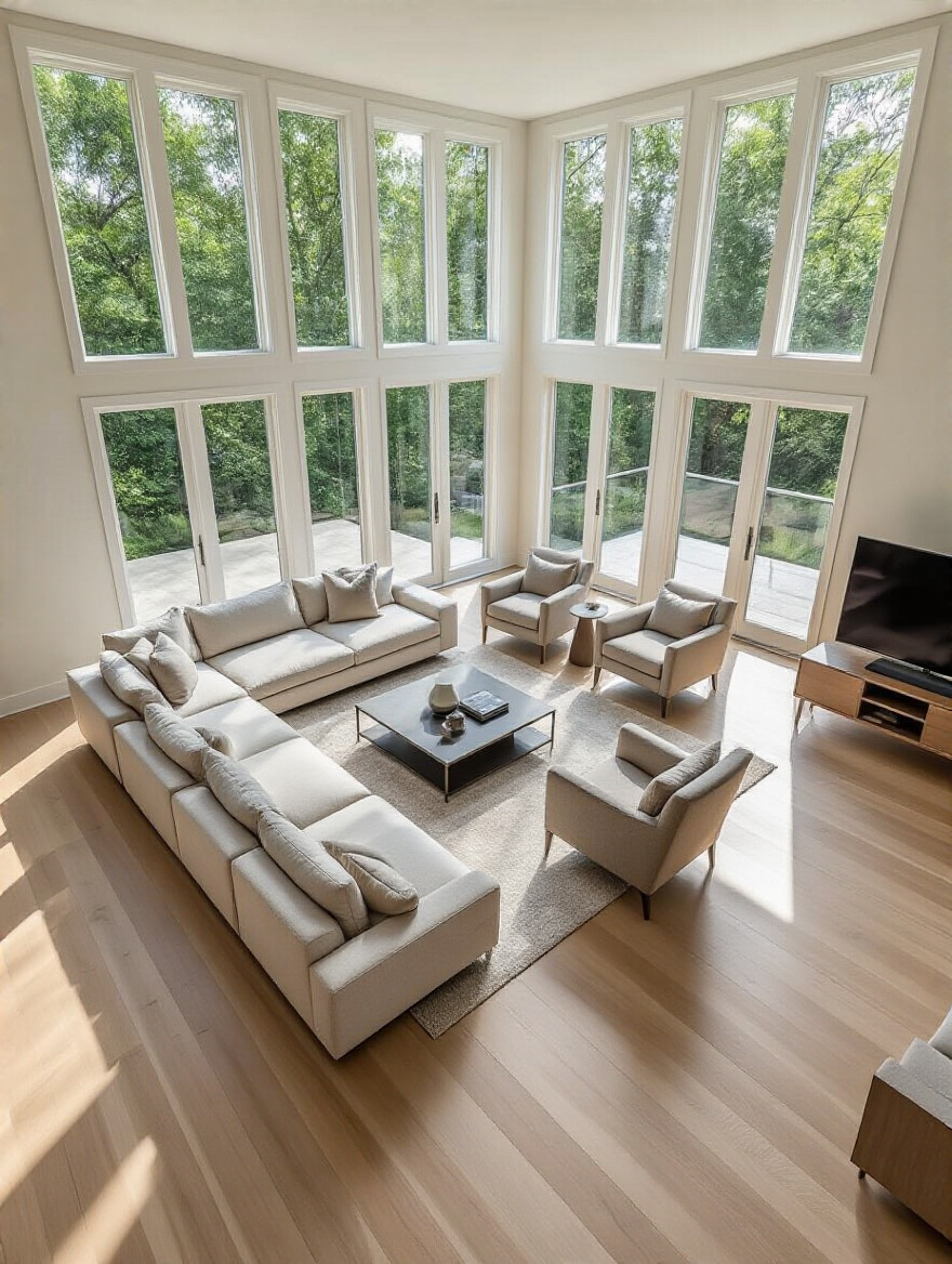 Aerial view of a modern living room with clear, wide pathways between a sectional sofa, armchairs, and an entertainment console, illustrating optimal traffic flow design for an open space. Bright, natural light.
