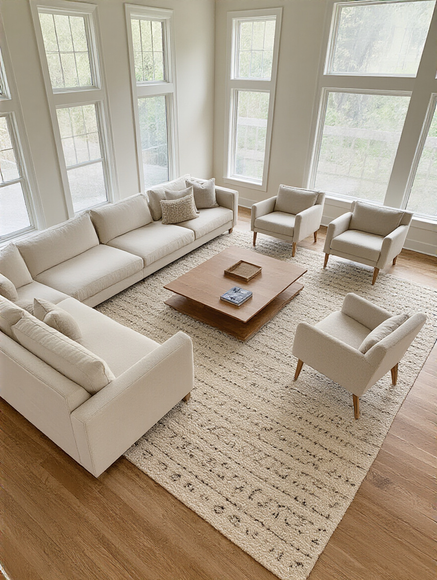Modern living room with a large, appropriately sized area rug anchoring a cream sectional sofa and armchairs, defining a comfortable seating zone on hardwood floors.