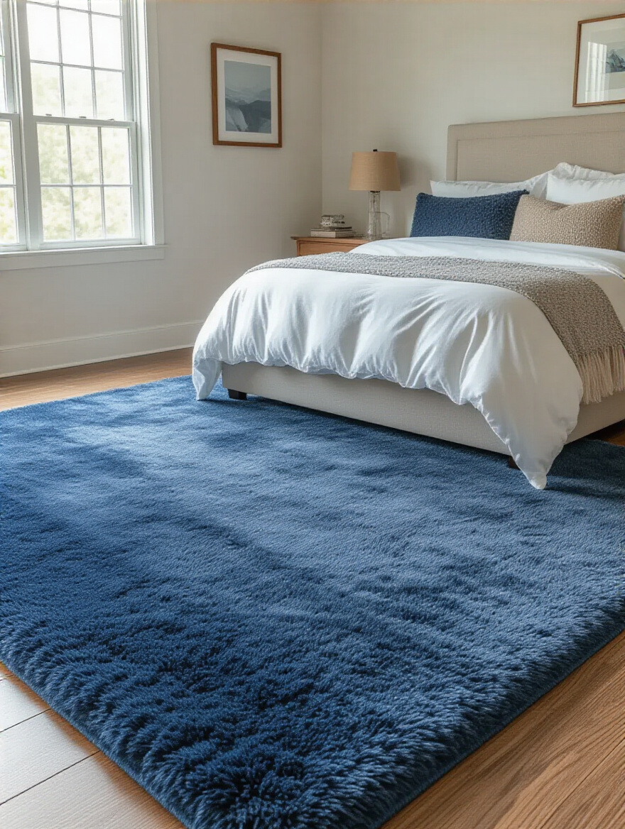 Serene bedroom anchored by plush blue area rug