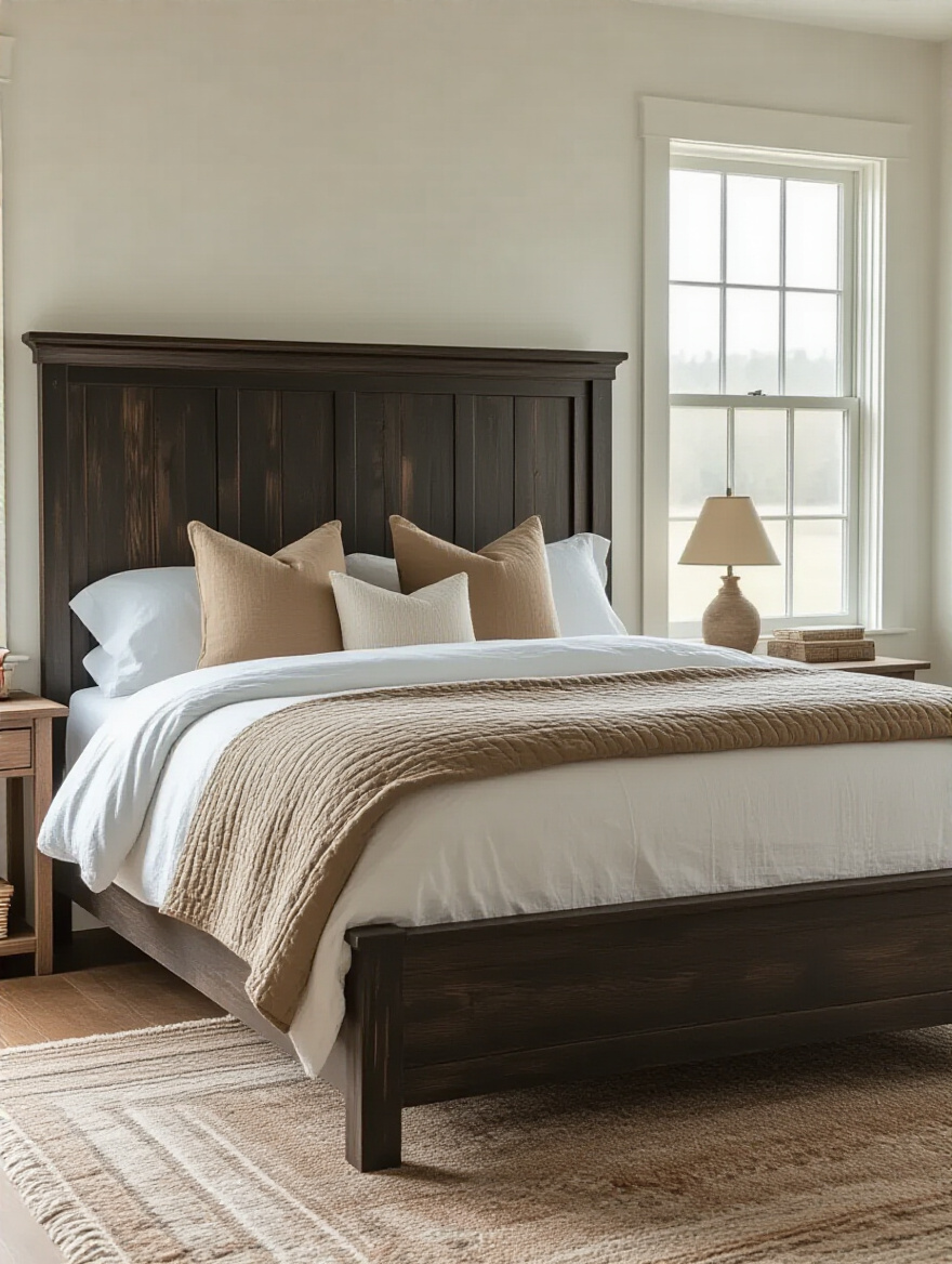 A strong, dark-stained solid wood bed frame acting as the focal point in a serene farmhouse bedroom with natural light and rustic decor. No people.