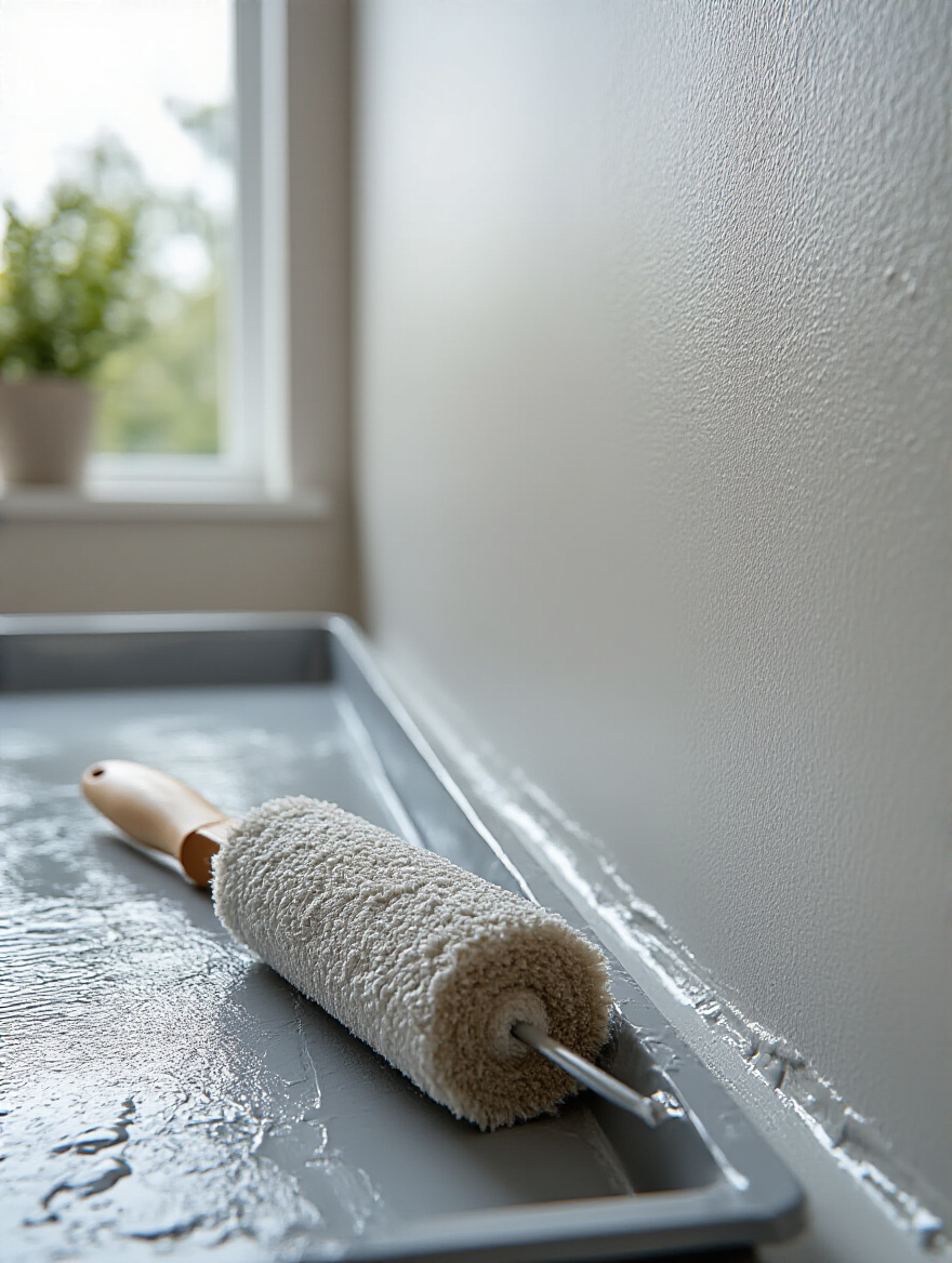 Vertical shot of a bedroom wall being painted with a thin, even coat