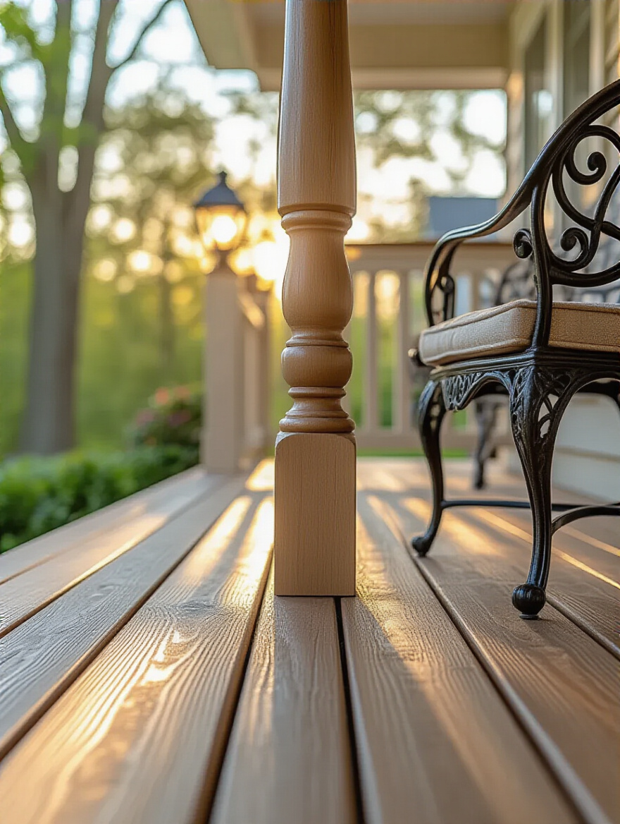 Close-up of a perfectly sealed wooden porch railing and wrought iron chair leg, gleaming under natural light, showcasing the protection from annual sealants.
