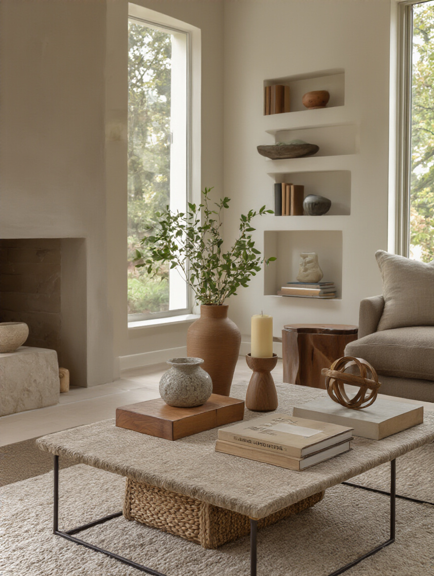 Decorative objects arranged using Rule of Three principle in living room