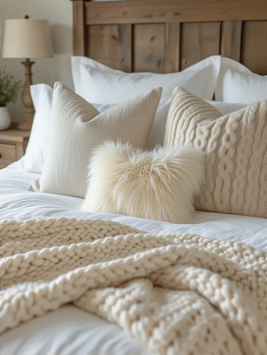 Farmhouse bedroom bed featuring a meticulous arrangement of textured throw pillows (linen, cable knit, faux fur) and a draped chunky knit blanket in cream, creating a warm and inviting atmosphere under soft natural light.