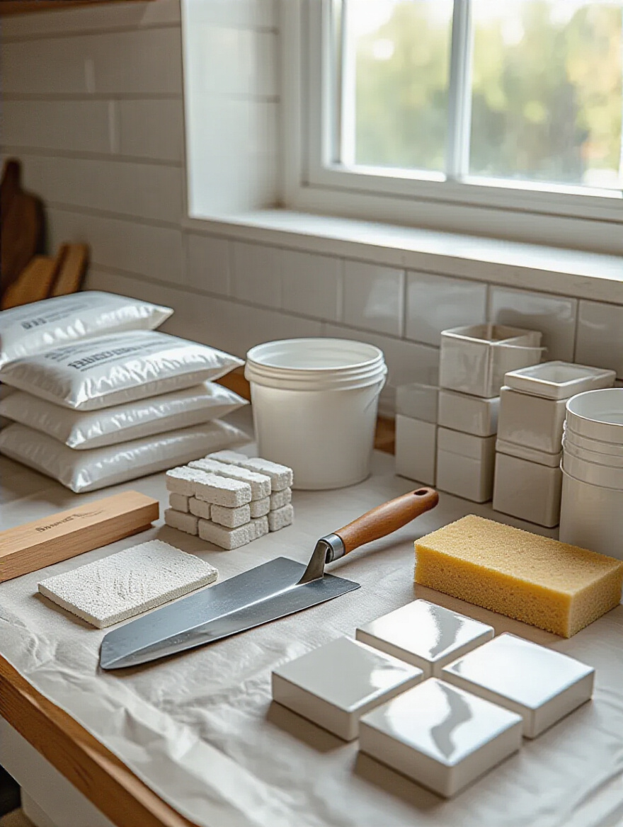 Neatly arranged kitchen backsplash tools and materials like tiles, mortar, trowels, and sponges on a countertop, ready for installation.