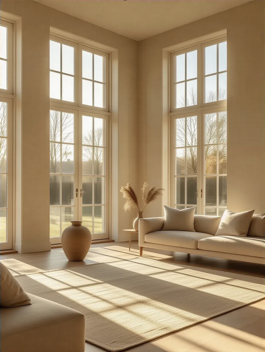 A bright living room interior flooded with natural light, showing how sun patterns influence effective furniture orientation.