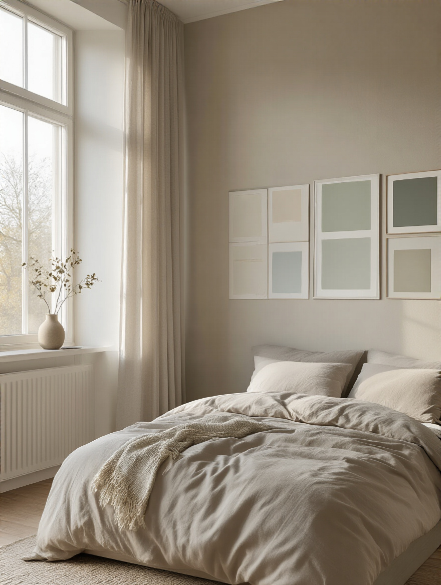 Portrait of a sunlit bedroom with paint swatches and natural light testing