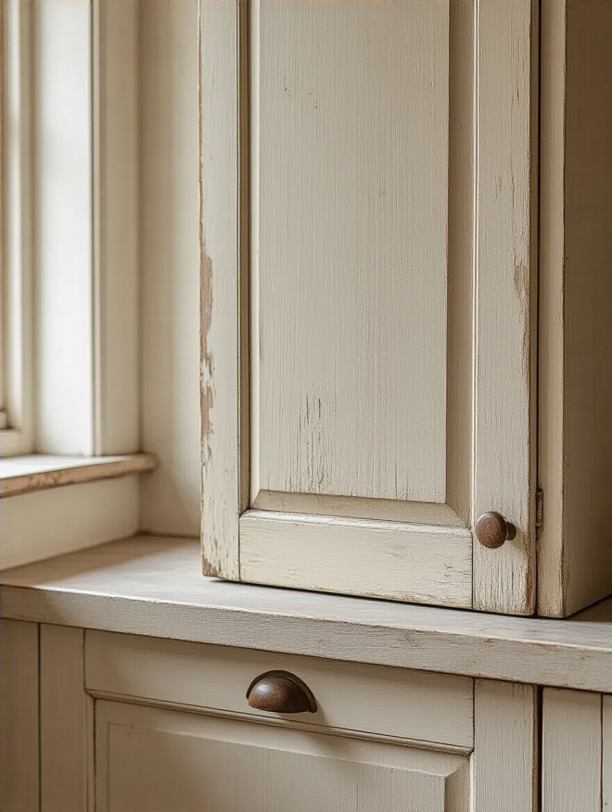 A light-colored wooden kitchen cabinet door, subtly worn but structurally sound, indicating potential for refurbishment during a budget-friendly kitchen remodel assessment.