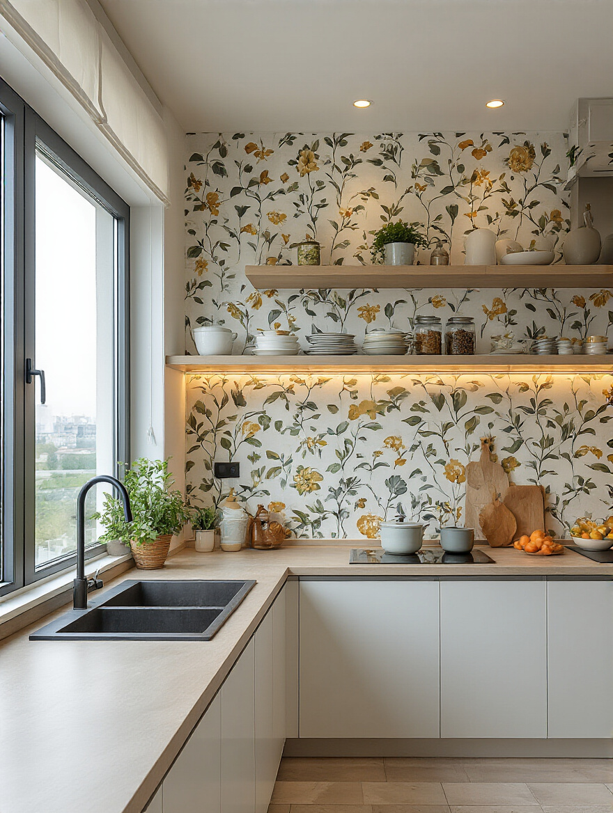 Portrait shot of a modern kitchen corner with durable wallpaper in a high-use zone