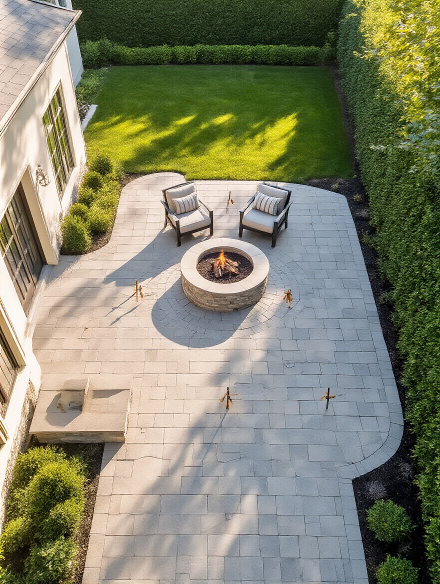Aerial view of a meticulously measured backyard space with subtle ground markings on a paver patio and lawn, indicating safe distances for future firepit placement away from a house and hedges.