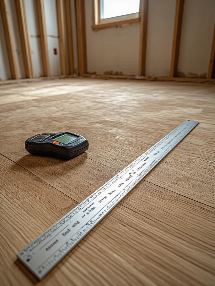 A clean, prepared bathroom subfloor being assessed with a digital moisture meter indicating low moisture and a straightedge verifying flatness, signifying subfloor readiness for new flooring installation.