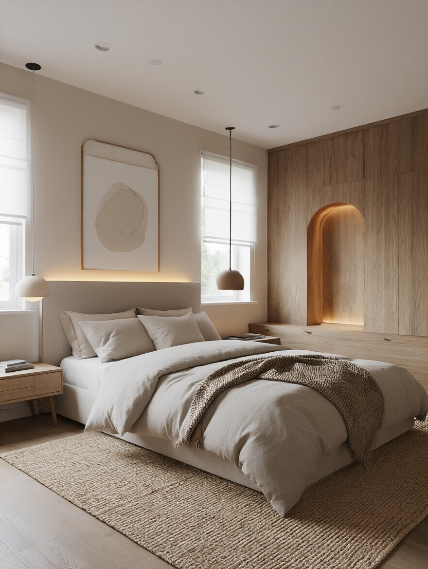 Modern bedroom with layered lighting for ambiance and task lighting