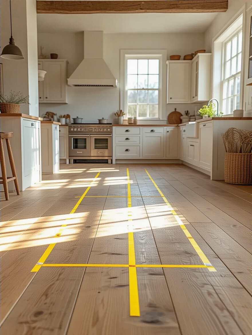 Farmhouse kitchen with painter's tape on the floor, outlining the ideal proportions for a kitchen island to assess the footprint and ensure proper clearances. No measuring tools are visible.