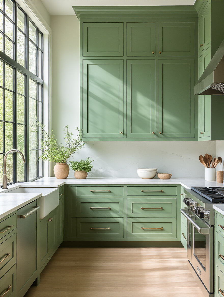 Portrait view of a modern kitchen with green cabinets illuminated by natural light
