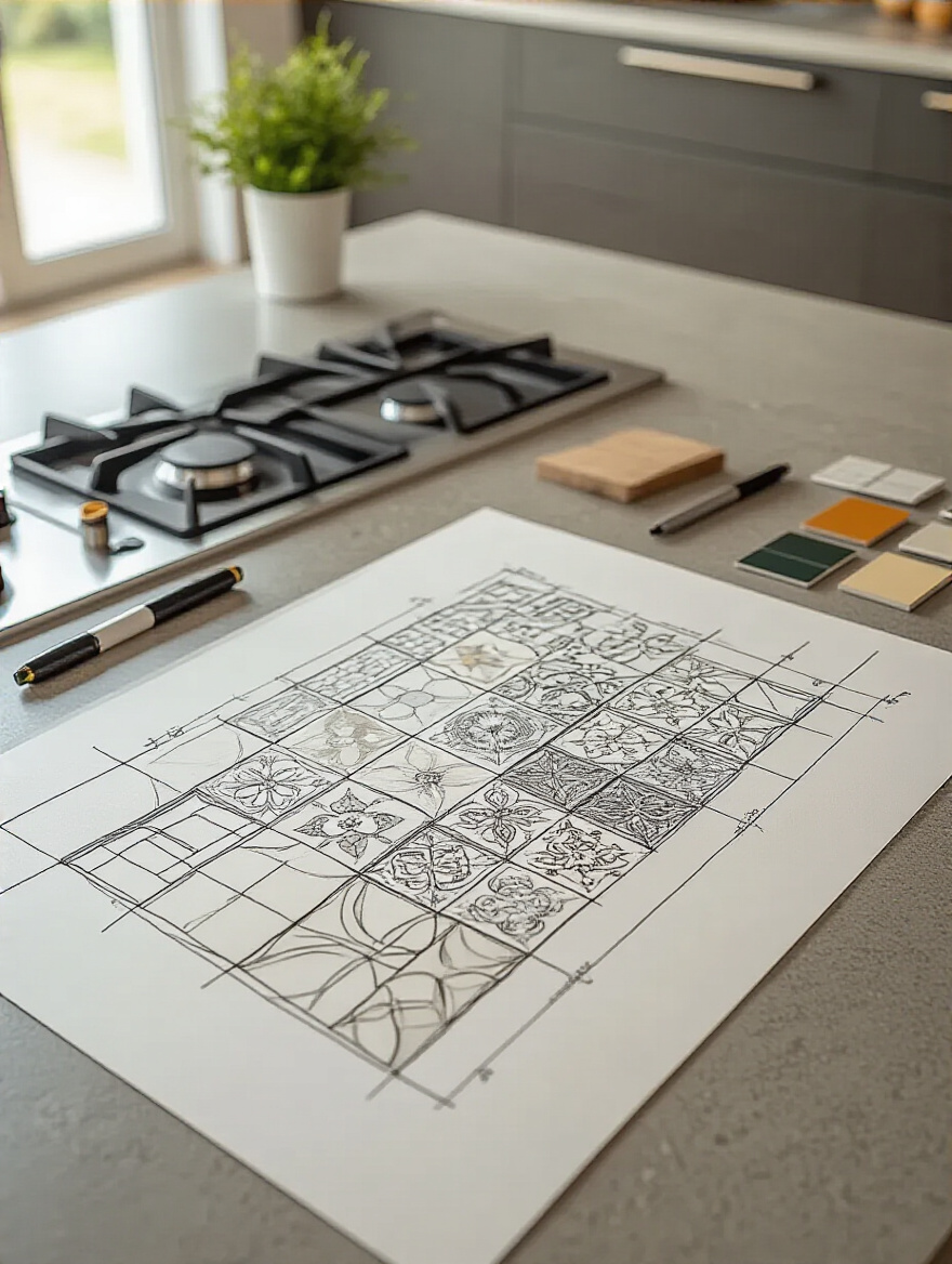 A detailed hand-drawn sketch of a kitchen backsplash layout, featuring complex tile patterns and smooth material transitions, displayed on a clean modern kitchen counter alongside designer pens and tile samples, bathed in soft natural light.