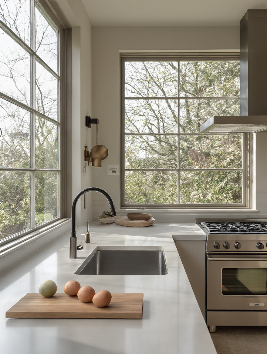 A beautifully designed modern kitchen with a strategically placed sink and stove, highlighting a smart layout that avoids costly plumbing and electrical relocations for budget-friendly kitchen remodeling.