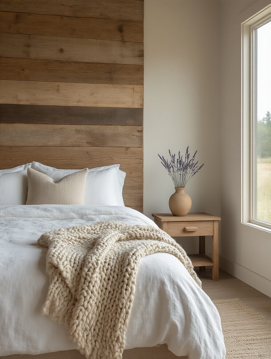 Serene rustic bedroom with minimalist decor, featuring a reclaimed wood headboard, white linen bedding, and a single carefully placed ceramic vase on a bare nightstand, showcasing ample negative space and soft natural light.