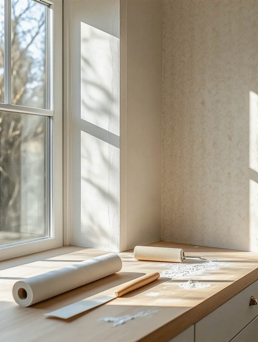 Portrait view of a kitchen wall prepped for wallpaper with primer, seam roller, and smoothing tool on a counter.