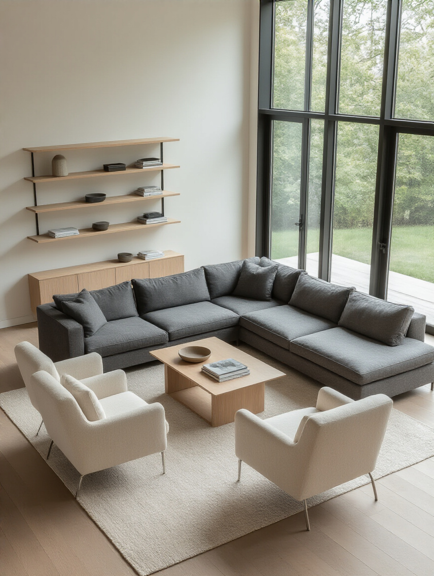 A modern living room designed with balanced visual weight, featuring a dark sectional sofa offset by light armchairs and an open console, demonstrating harmonious living room layout ideas.