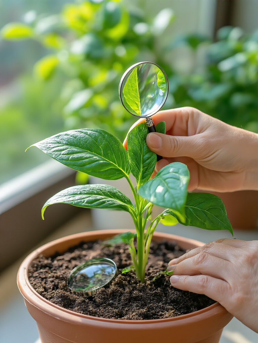 A close-up image of a hand using a magnifying glass to inspect the underside of a healthy green plant leaf for early signs of pests and diseases in a sunny balcony garden.