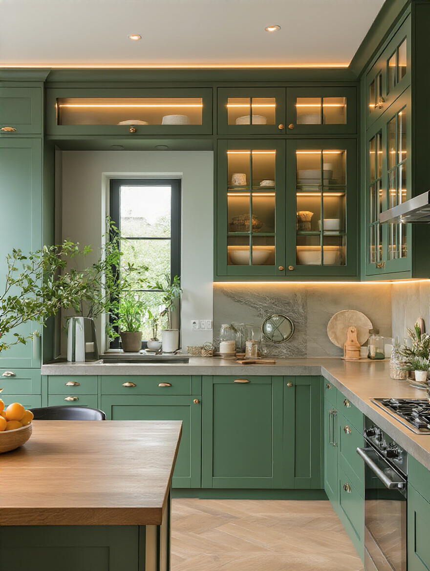 Portrait-style view of a bright kitchen with layered lighting highlighting green cabinets.