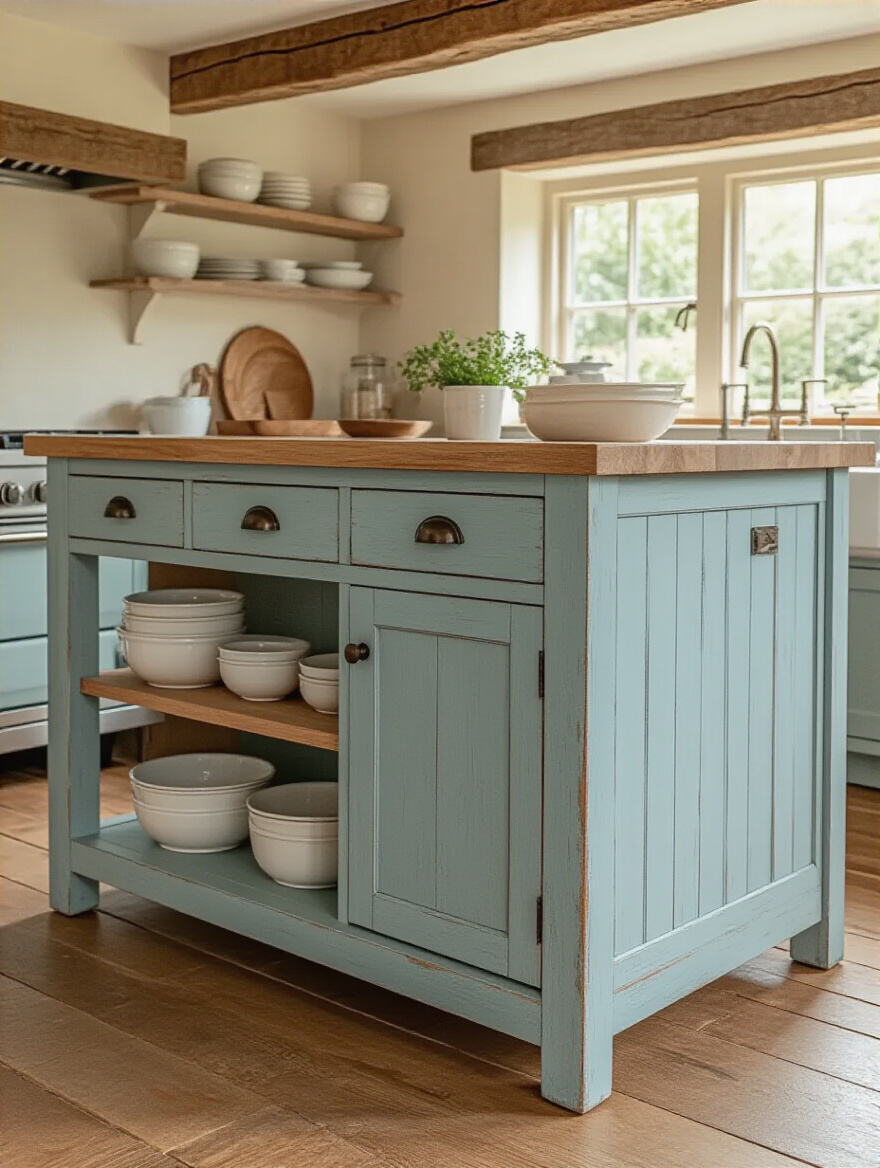 Charming light blue freestanding kitchen island with butcher block top, open shelves, and drawers in a rustic cottage kitchen, showcasing storage and versatility.