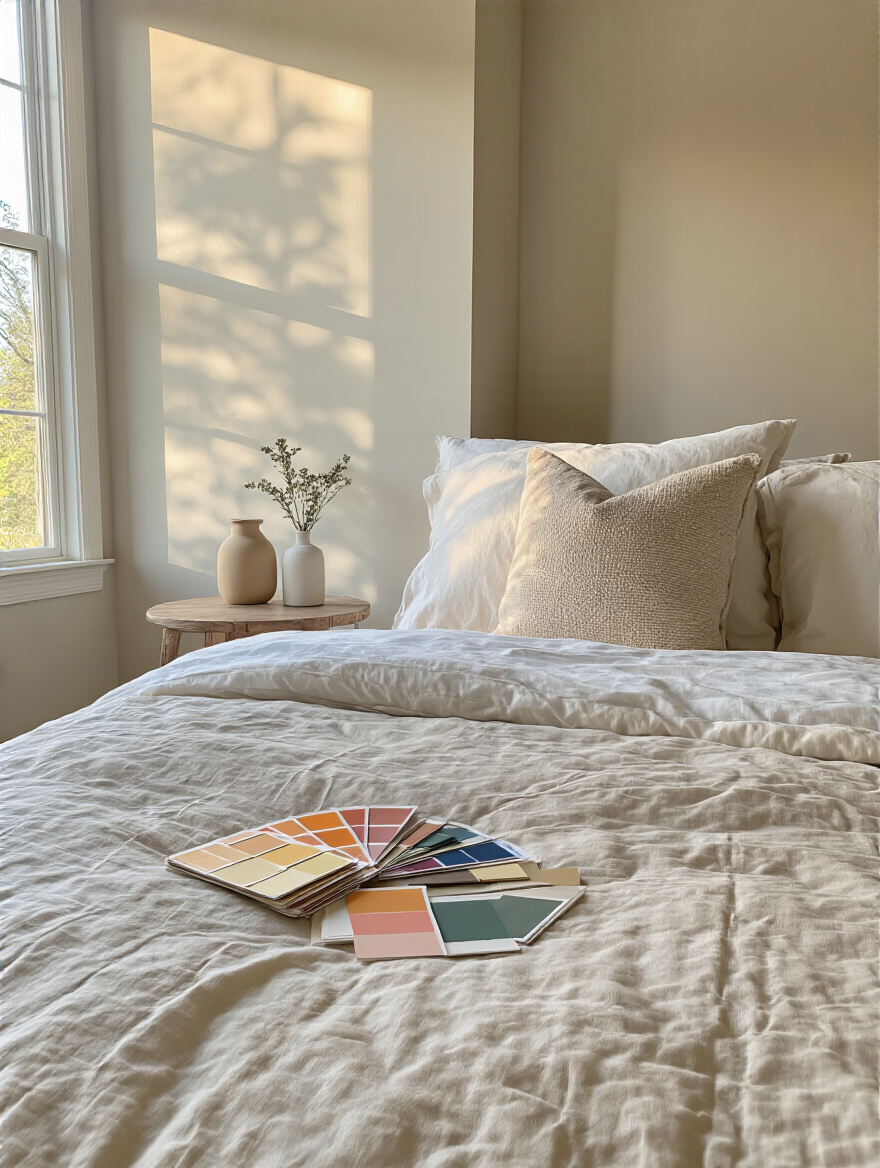 Portrait view of a bedroom paint planning setup with color swatches