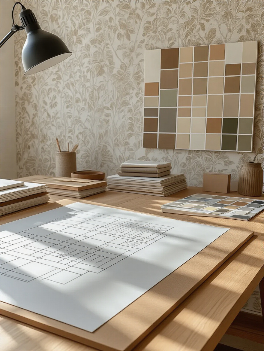Portrait view of a wallpaper planning workspace with swatches and pattern planning