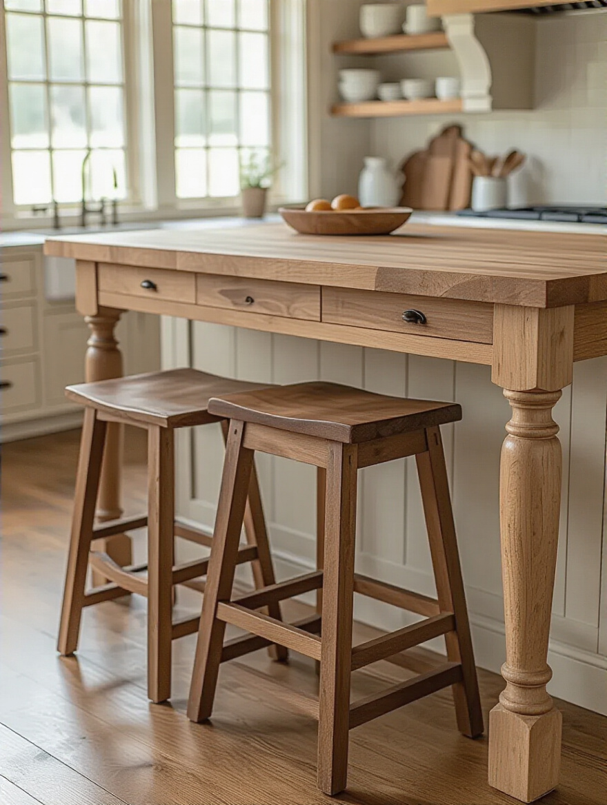 Farmhouse kitchen island with a well-designed countertop overhang providing comfortable bar seating, illuminated by natural light, showing ample legroom.