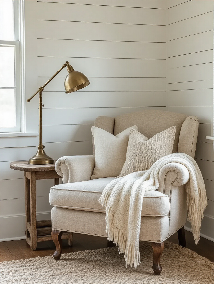A cozy farmhouse bedroom reading nook featuring a vintage-inspired armchair, a soft cream throw, decorative pillows, and a small side table with an antique brass floor lamp, all bathed in warm natural light.