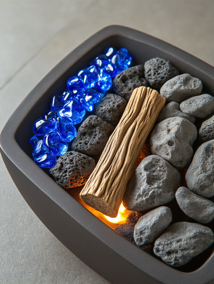 Close-up of a firepit showing three sections of different fire media: polished blue fire glass, rustic red lava rocks, and realistic ceramic logs, illustrating aesthetic options for firepits.