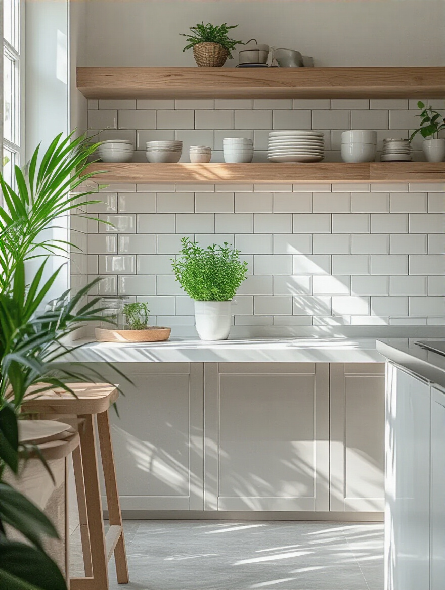 Modern kitchen showcasing a pristine white subway tile backsplash and light gray large-format porcelain floor tiles, demonstrating affordable yet stylish kitchen design.