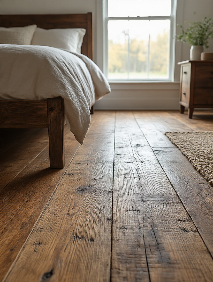 Close-up of distressed hardwood planks in a rustic bedroom, showcasing the aged texture and warm tones of the flooring.