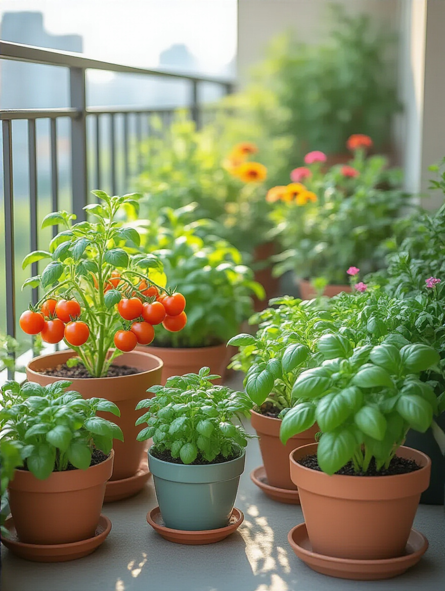 A picturesque urban balcony filled with various potted dwarf plant varieties like miniature tomatoes and compact herbs, all neatly arranged to maximize space and create a lush, abundant look.