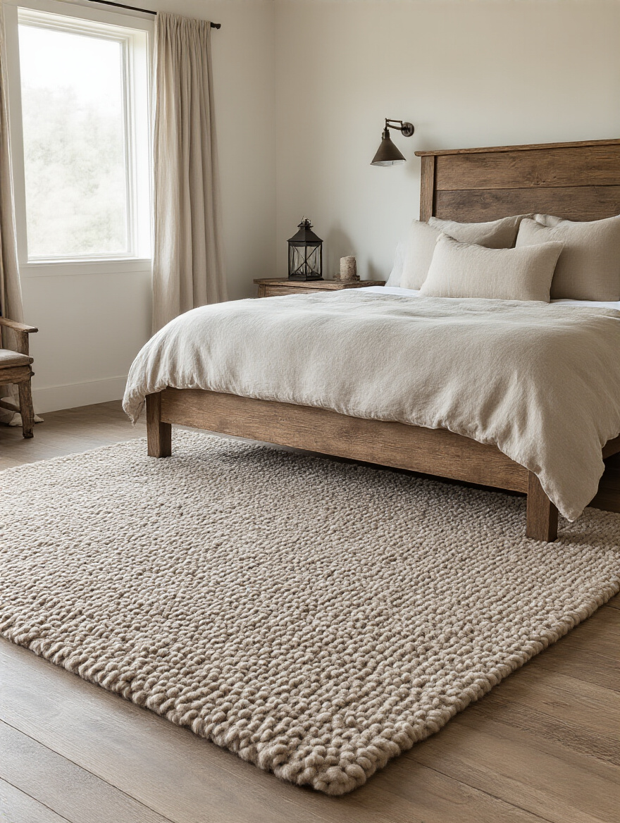 Cozy rustic bedroom with a large, soft, heathered gray-brown earth-toned wool area rug under a wooden bed.