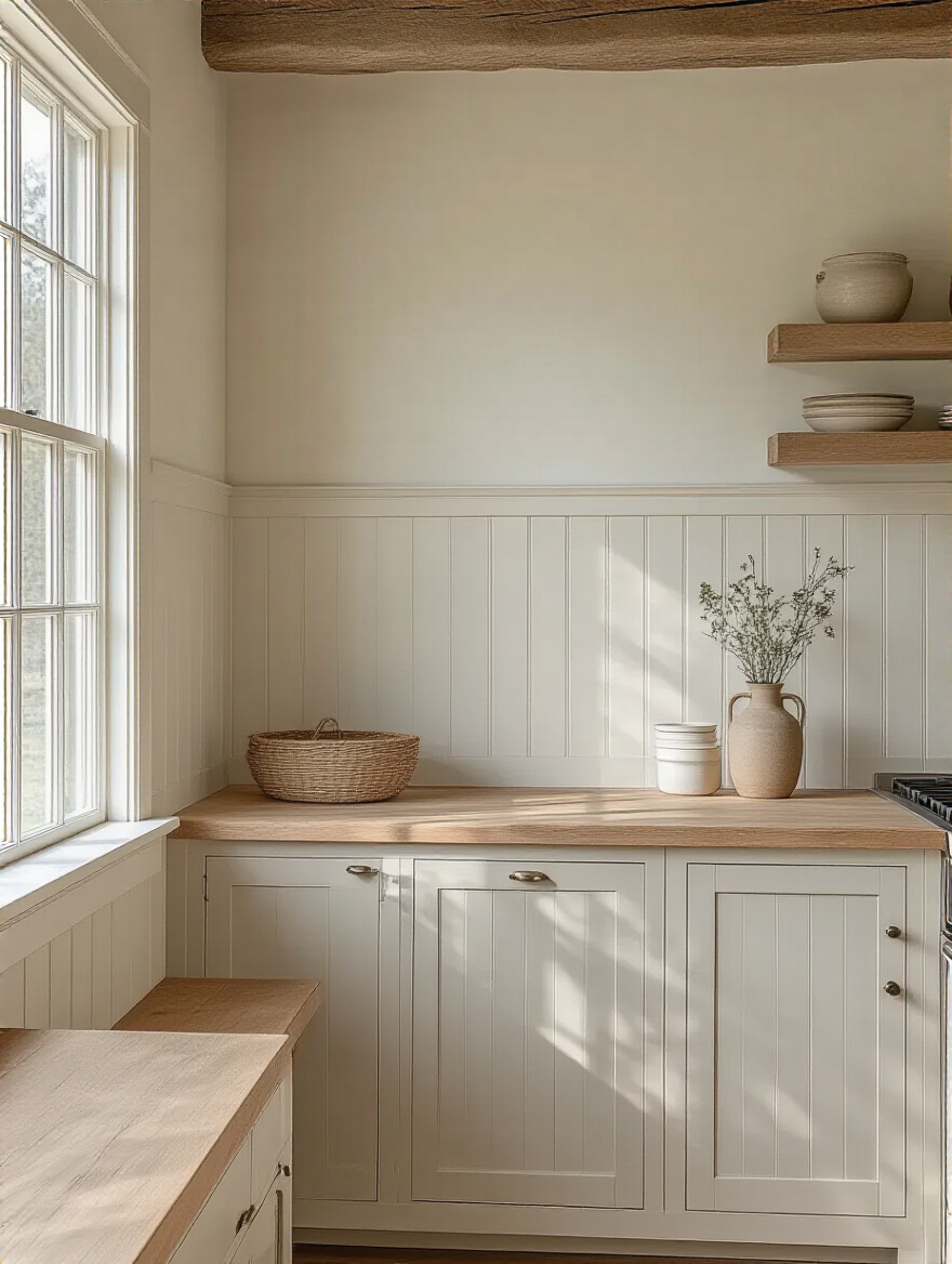 Portrait view of a farmhouse kitchen wall with shiplap and textured plaster in soft whites and creams.