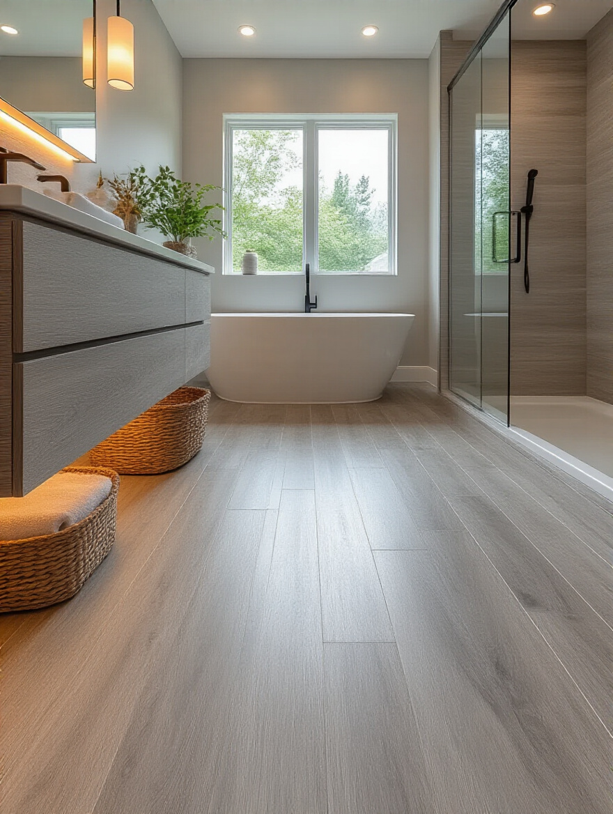 Luxury Vinyl Plank (LVP) flooring in a modern bathroom, showcasing waterproof durability and realistic wood-look texture