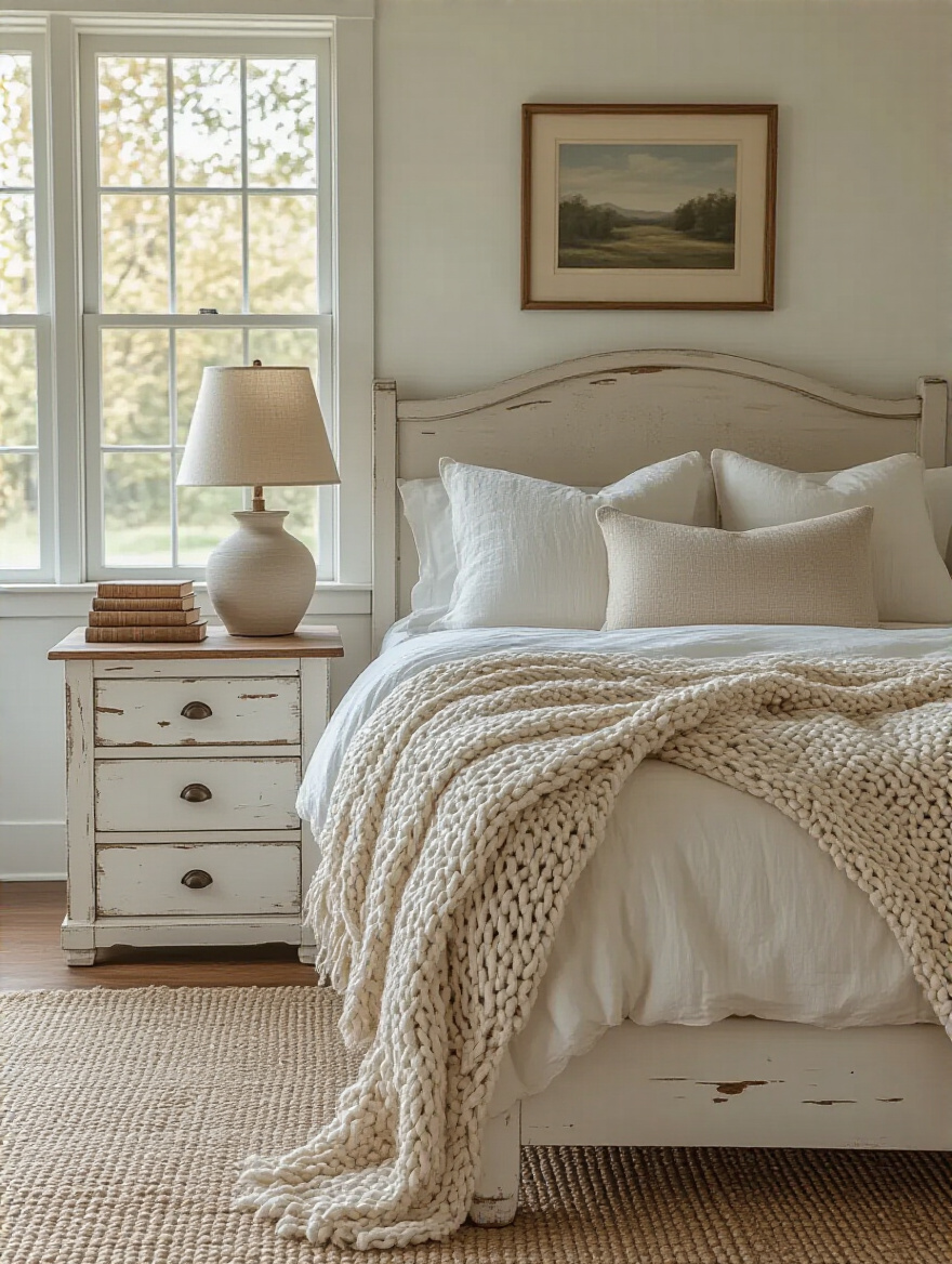 A pair of matching distressed white wooden nightstands flanking a bed in a cozy farmhouse bedroom, each styled with a lamp and books, showcasing symmetrical design and rustic charm.