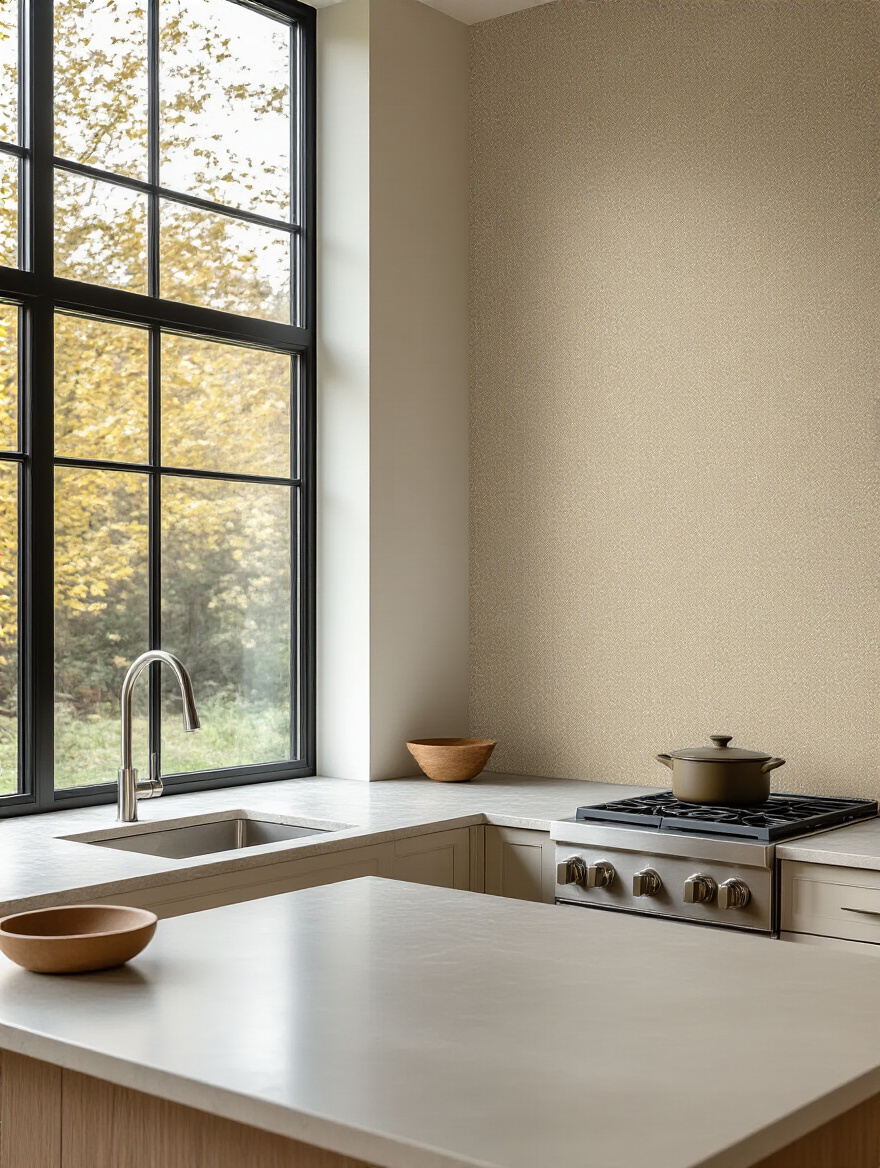 Vertical modern kitchen wall with durable vinyl wallpaper showing a wipe-clean texture