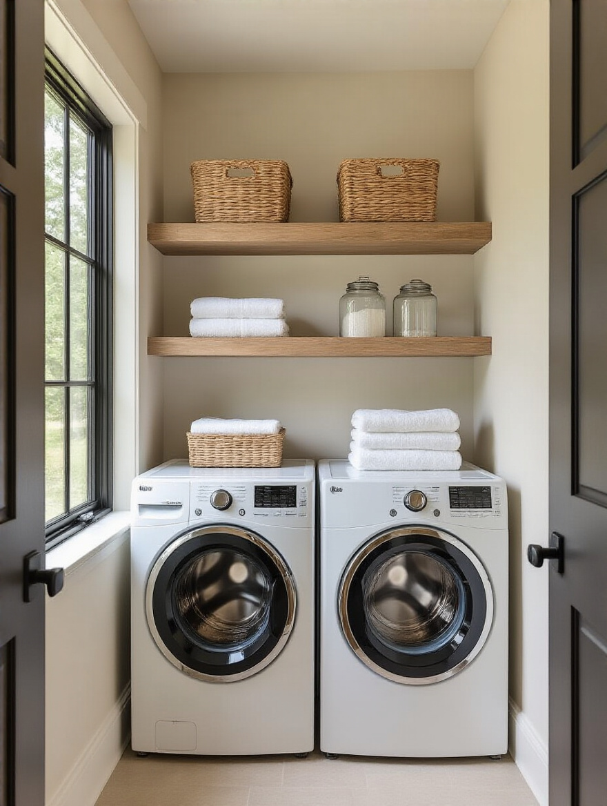 Laundry room open shelving in complementary or contrasting tones