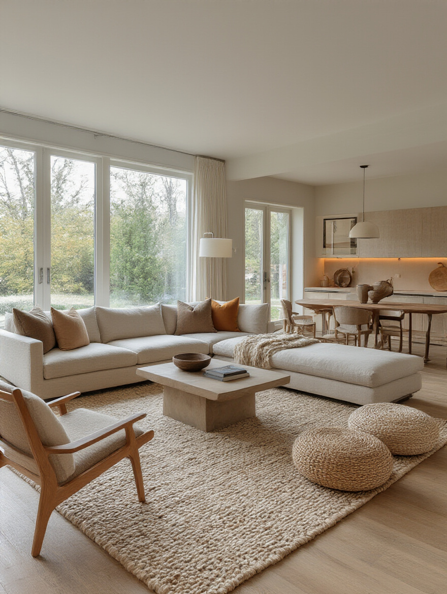 Living room with zoned rug layouts in a cohesive palette